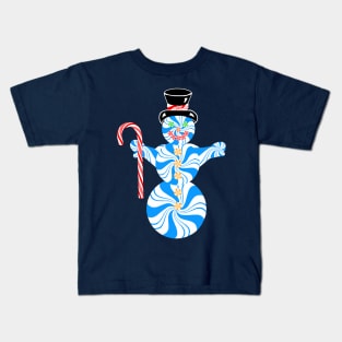 Blue Peppermint Snowman with Candy Cane Kids T-Shirt